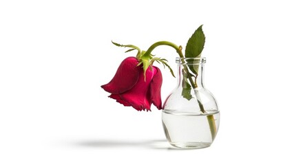 Fototapeta premium Single wilted flower in a small clear glass bottle, isolated on white background, concept of fading beauty or time passing