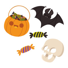 Whimsical Halloween Illustration Elements Pumpkin Basket, Bat, Candy, and Skull for Festive Designs