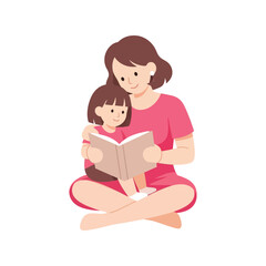 Mother and daughter reading a book together, concept of education, family, and love Vector, illustration