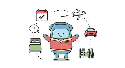 Cartoon character planning travel itinerary with icons and checklist  