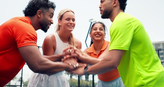 Padel court, hands stack and people with training, applause and team building with competition. Tennis players, men and women with practice, support and clapping with recreation, smile or sports game