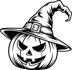 Scary Halloween pumpkin with witch hat illustration, spooky jack o lantern vector design for horror decorations, stickers and holiday artwork