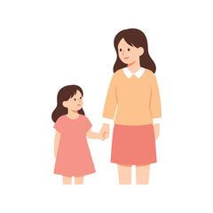 Mother and daughter holding hands, smiling and standing together on white background Vector, illustration
