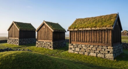 Obraz premium Three traditional wooden structures with grass roofs sit on stone foundations