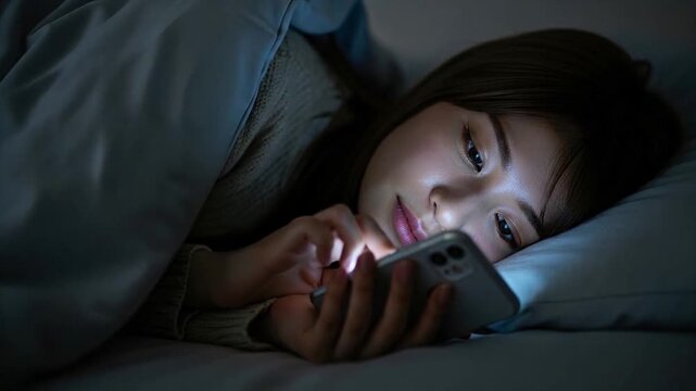 眠れずに布団の中でスマートフォン見る若い女性