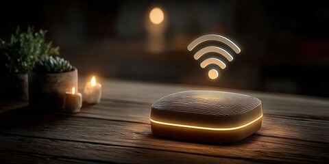 Modern Wi-Fi Router on Wooden Table with Glowing Signal Icon for Wireless Connectivity