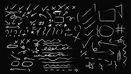 Collection of hand drawn white arrows and symbols on black background