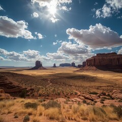 Vast desert landscape with iconic rock formations under a dramatic cloudy sky