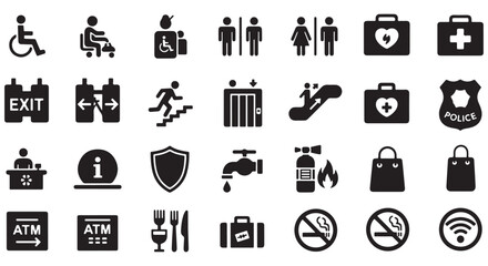 Public space wayfinding glyph icon set. Vector pictograms of navigation, emergency, escalator, elevator, stairs, info desk, extinguisher, food court, black sign silhouette illustration