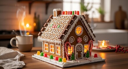 Delightful gingerbread house glowing warmly on a wooden table during the holidays