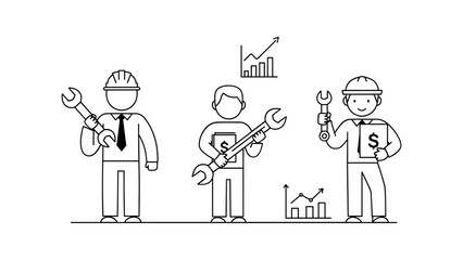 Three construction workers with wrenches