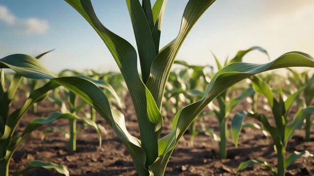 Close up of a corn field with green plants growing.