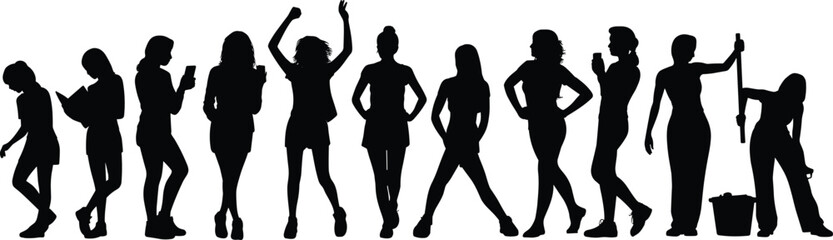 Female silhouettes, diverse poses, standing women, lifestyle actions, cleaning lady, reading, dancing, confident stance, modern female roles, black outline, vector illustration