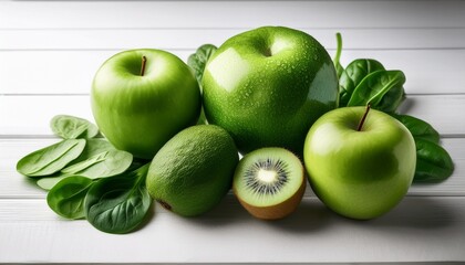 green fruits like apple lime spinach and kiwi laid out on a white wooden table for a nutritious fruit smoothie promoting detox and wellness