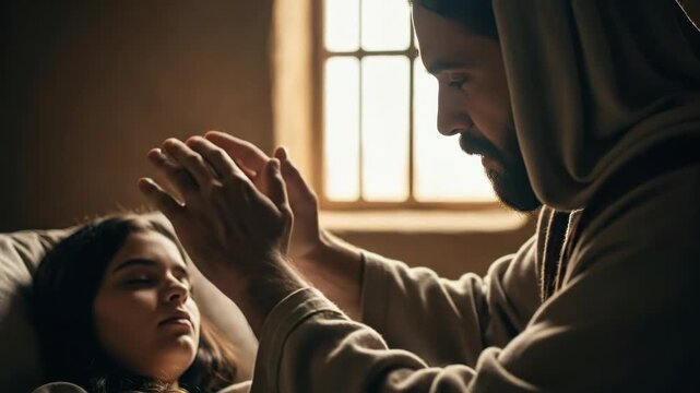 A man healing a young woman by touching her forehead on a bed near a window. A Gospel event: Jesus Christ's resurrection of Jairus's daughter. For biblical publications