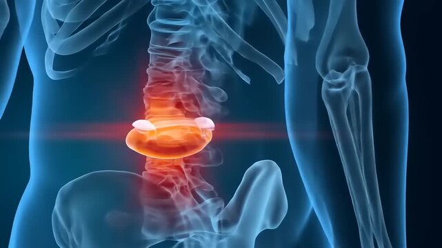 3D medical illustration of the spine with highlighted spinal disc replacement.