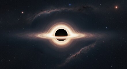 Vast cosmic void with glowing accretion disk and nebulae