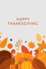 Obraz premium Vector Thanksgiving card featuring a flat design style with bold geometric shapes and vibrant colors, including warm orange and yellow hues