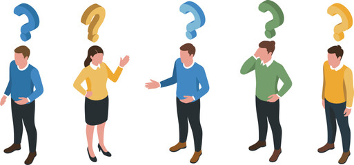 Isometric illustration of confused people with question marks, uncertainty and doubt concept, decision making challenge, business thinking situation