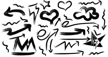Collection of hand drawn black grunge arrows hearts stars and clouds