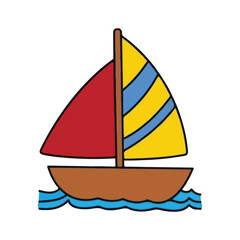 Sailboat Floating on Blue Ocean Waves Vector.