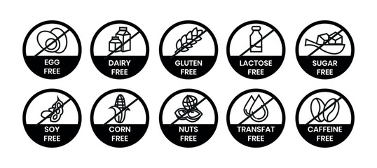 Set allergen free icons. Allergen free label products. Free lactose, gluten, sugar, corn, egg, trans fat, dairy, soy, nuts, caffeine, symbol, logo, badge, black, vector, isolated on white background.