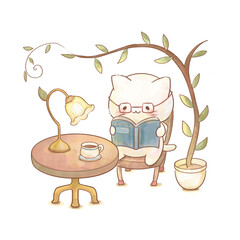 Watercolor cat reading a book at table with plant, isolated on white background, transparent PNG
