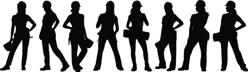 Construction workers silhouette, female engineers, teamwork, blueprint holders, industrial professionals, hard hats, planning, architecture, safety gear, standing pose, black outline,