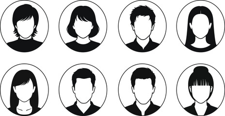 Collection of eight oval silhouette portraits of diverse individuals with blank faces representing anonymity and identity
