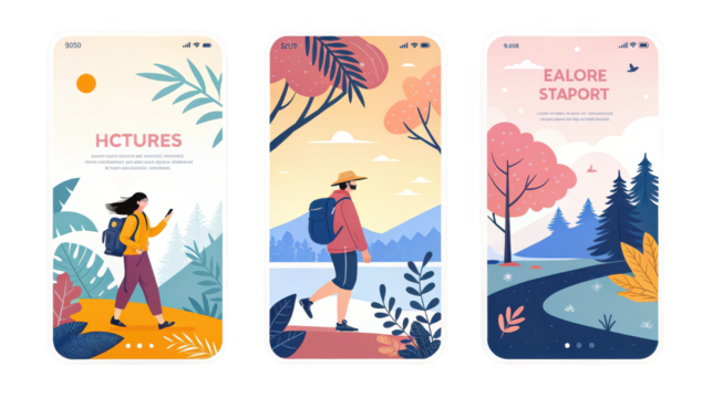 Mobile App UI Screens Design Set with Nature Theme