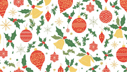 template featuring a Christmas ornament pattern with a flat design style, incorporating festive elements such as snowflakes, holly leaves, and bells with png Transparent 