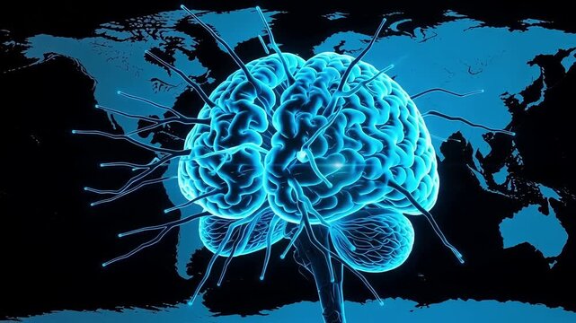 Brain power intelligence mind connection neural network ai technology world map background