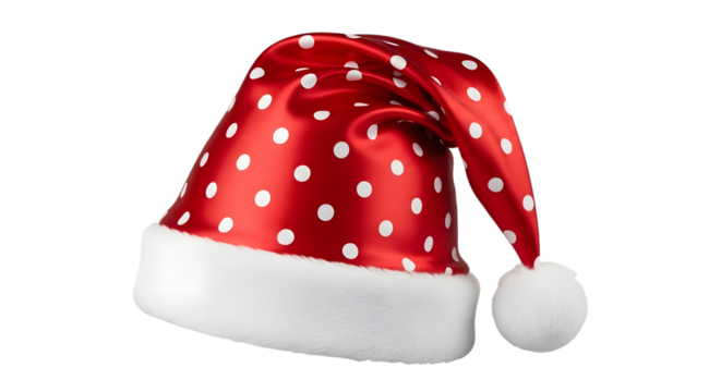 Festive red santa hat with white polka dots isolated on transparent background