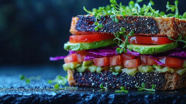 Vibrant, layered vegan sandwich with fresh greens and produce