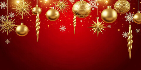 Elegant Gold Ornaments and Snowflakes Hanging from Top Red Background Celebration