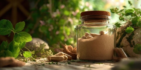 Ashwagandha Supplement Jar with Fresh Herbs for Stress Relief and Adaptogen Support