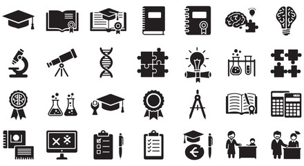 Education and science glyph icon set. Vector pictograms of atom, microscope, test tube, flask, telescope, dna, laptop, checklist, clipboard, black sign silhouette illustration