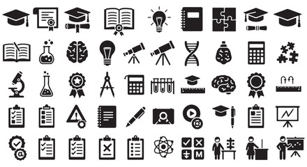 Education and science glyph icon set. Vector pictograms of atom, microscope, test tube, flask, telescope, dna, laptop, checklist, clipboard, black sign silhouette illustration