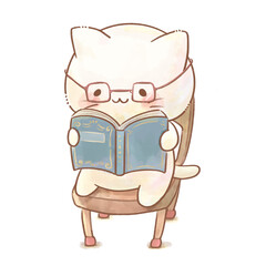 Watercolor illustration of a cute cat wearing glasses reading a book on a wooden chair, transparent background, copy space