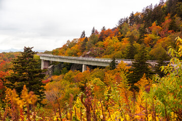 mountain road journey, sole truck crossing over bridge along scenic mountain highway surrounded