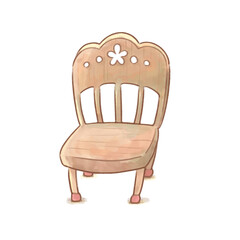 Watercolor illustration of a wooden chair with floral carving, vintage style, transparent background, copy space