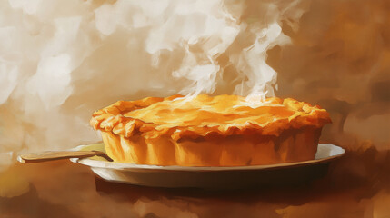Delicious steaming pie on a plate with a warm, cozy background for food lovers and culinary enthusiasts