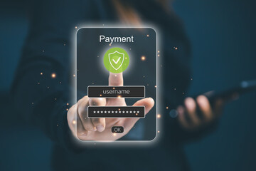 Person touching virtual screen with secure payment login form. Concept of online transaction security, password protection, digital banking, and cyber technology authentication.