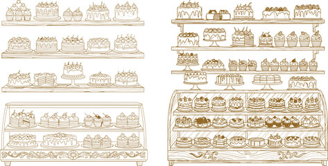 Sketchstyle bakery display shelves and case filled with cakes and cupcakes, line art