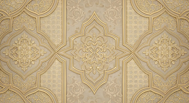 Ornate beige and gold pattern with floral and geometric designs creating a rich background texture