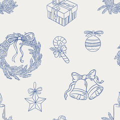 Vintage hand drawn Christmas decoration seamless pattern. Doodle New Year ornament vector illustraion