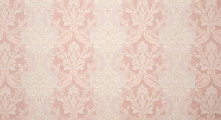 A light pink wallpaper with a floral damask pattern in a repeating symmetrical arrangement style
