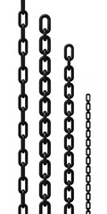Four vertical metal chains in descending sizes on white background. Industrial hardware collection. Strength and connection concepts. Perfect for manufacturing, construction, and security themes.
