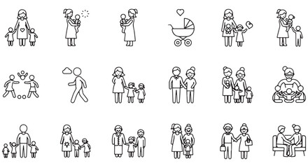 Family and parenting line icon set. Vector pictograms of couples, single parents, children, elderly, baby, newborn, teenager thin linear illustration