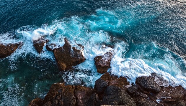 waves crash against rocky shores the view from above demonstrates the power of the ocean useful for articles about nature and tourist publications